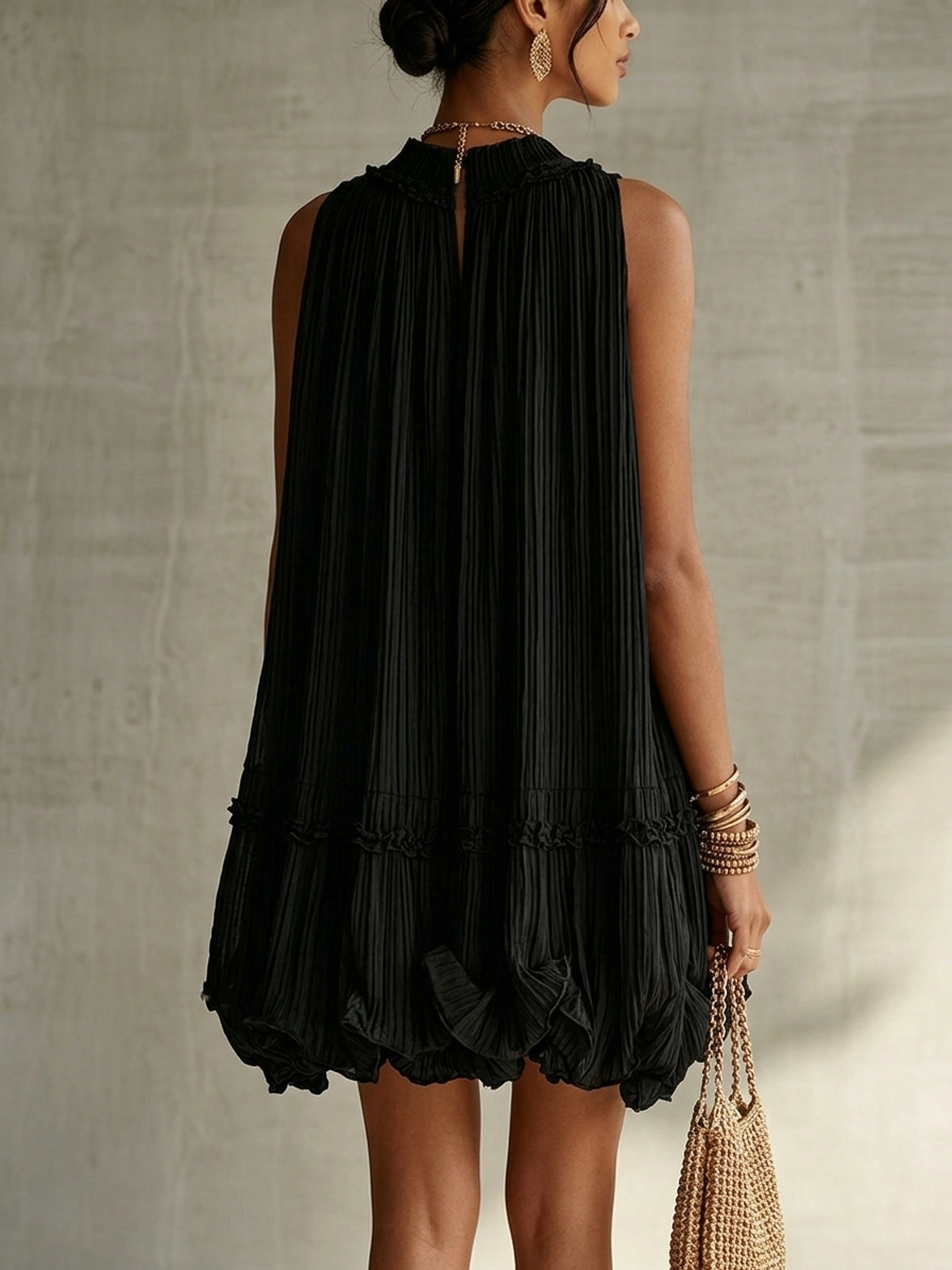 Mini Black Chiffon Dress with Frills and Round Neck