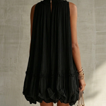 Mini Black Chiffon Dress with Frills and Round Neck
