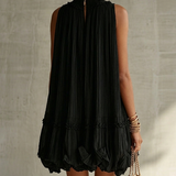 Mini Black Chiffon Dress with Frills and Round Neck