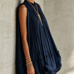 Puffy Chiffon Mini Dress with Round Collar, Navy Blue — view 3