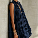 Puffy Chiffon Mini Dress with Round Collar, Navy Blue — view 3