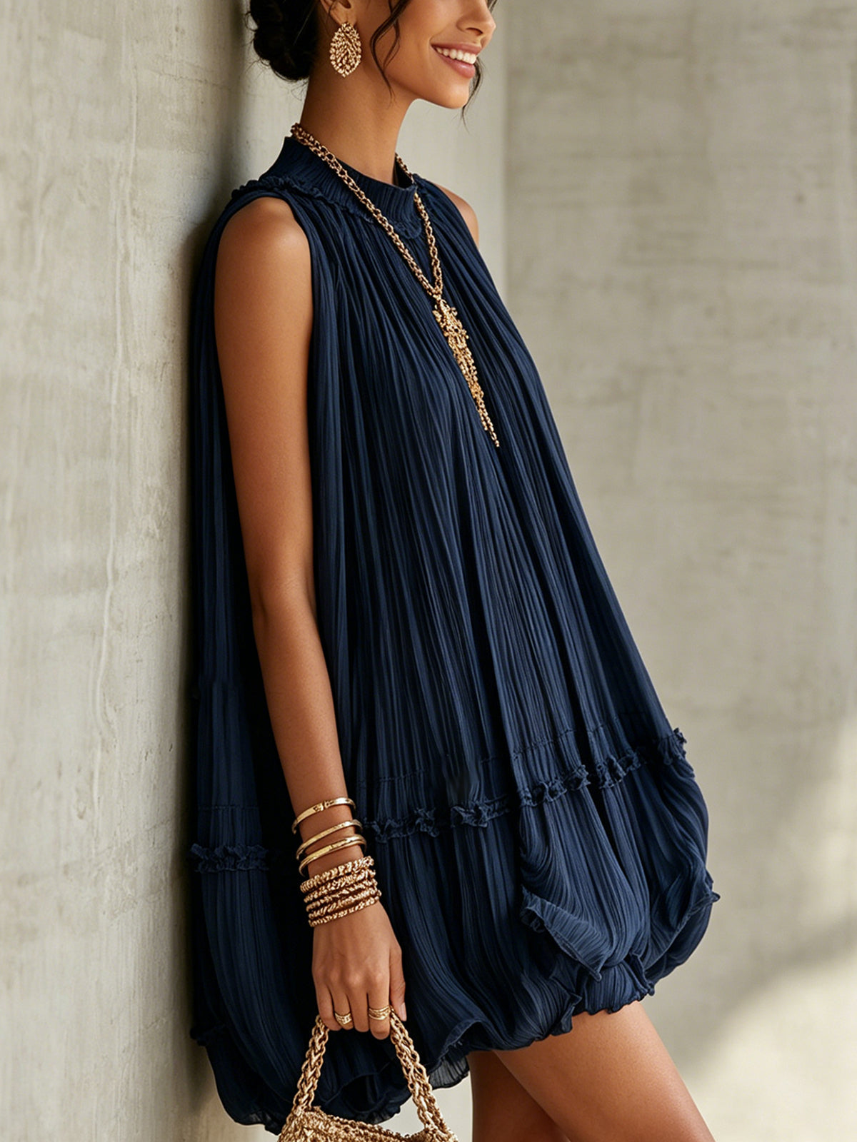 Puffy Chiffon Mini Dress with Round Collar, Navy Blue — view 3