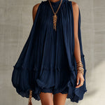 Puffy Chiffon Mini Dress with Round Collar, Navy Blue — view 2