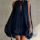 Puffy Chiffon Mini Dress with Round Collar, Navy Blue — view 2