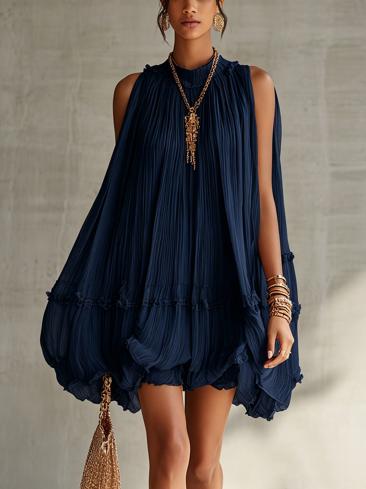 Puffy Chiffon Mini Dress with Round Collar, Navy Blue — view 2