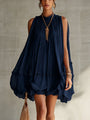 Puffy Chiffon Mini Dress with Round Collar, Navy Blue — view 2