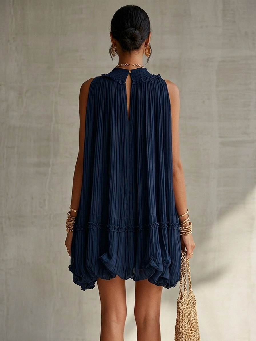 Puffy Chiffon Mini Dress with Round Collar, Navy Blue