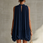 Puffy Chiffon Mini Dress with Round Collar, Navy Blue