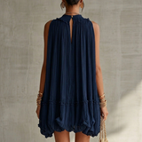 Puffy Chiffon Mini Dress with Round Collar, Navy Blue
