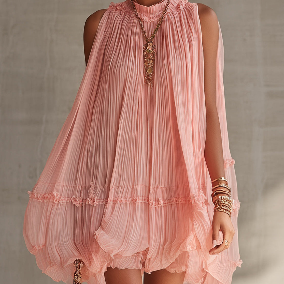 Puff Chiffon Mini Dress with Cutout Shoulders and Pink Ruffles