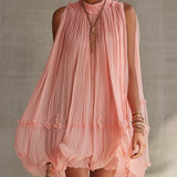 Puff Chiffon Mini Dress with Cutout Shoulders and Pink Ruffles