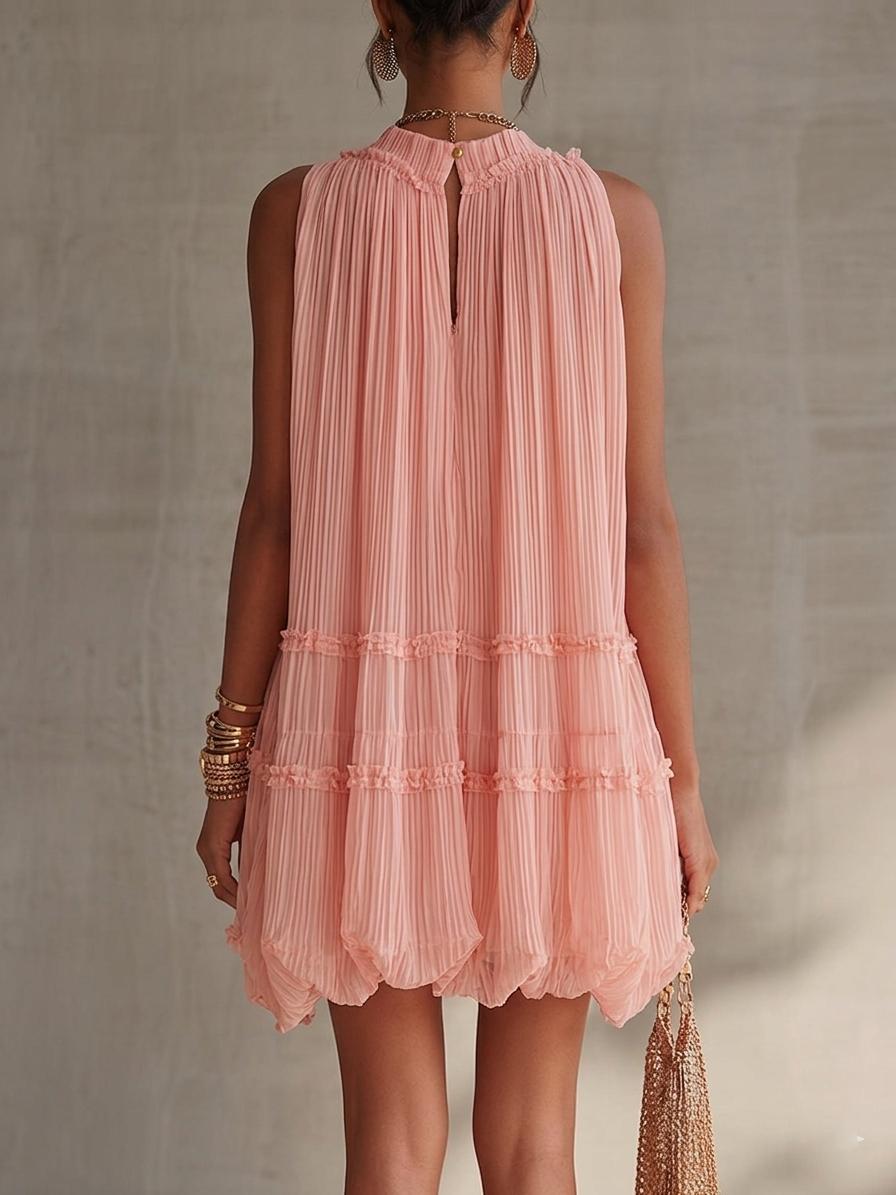 Puff Chiffon Mini Dress with Cutout Shoulders and Pink Ruffles — view 3