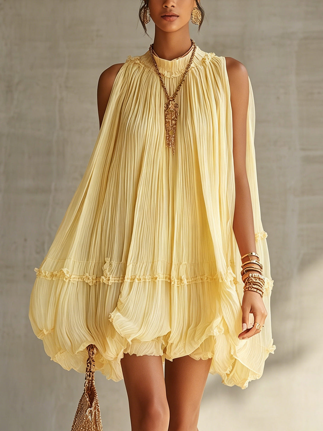 Chiffon Bubble Mini Dress with Yellow Collar and Frills