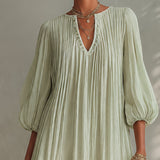 Pleated Chiffon Mini Dress with Lantern Sleeves, Light Green — view 4