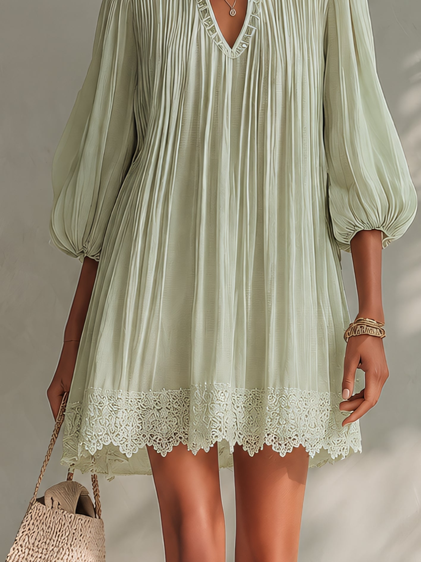 Pleated Chiffon Mini Dress with Lantern Sleeves, Light Green — view 5