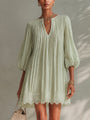 Pleated Chiffon Mini Dress with Lantern Sleeves, Light Green