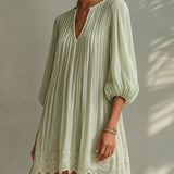 Pleated Chiffon Mini Dress with Lantern Sleeves, Light Green — view 3