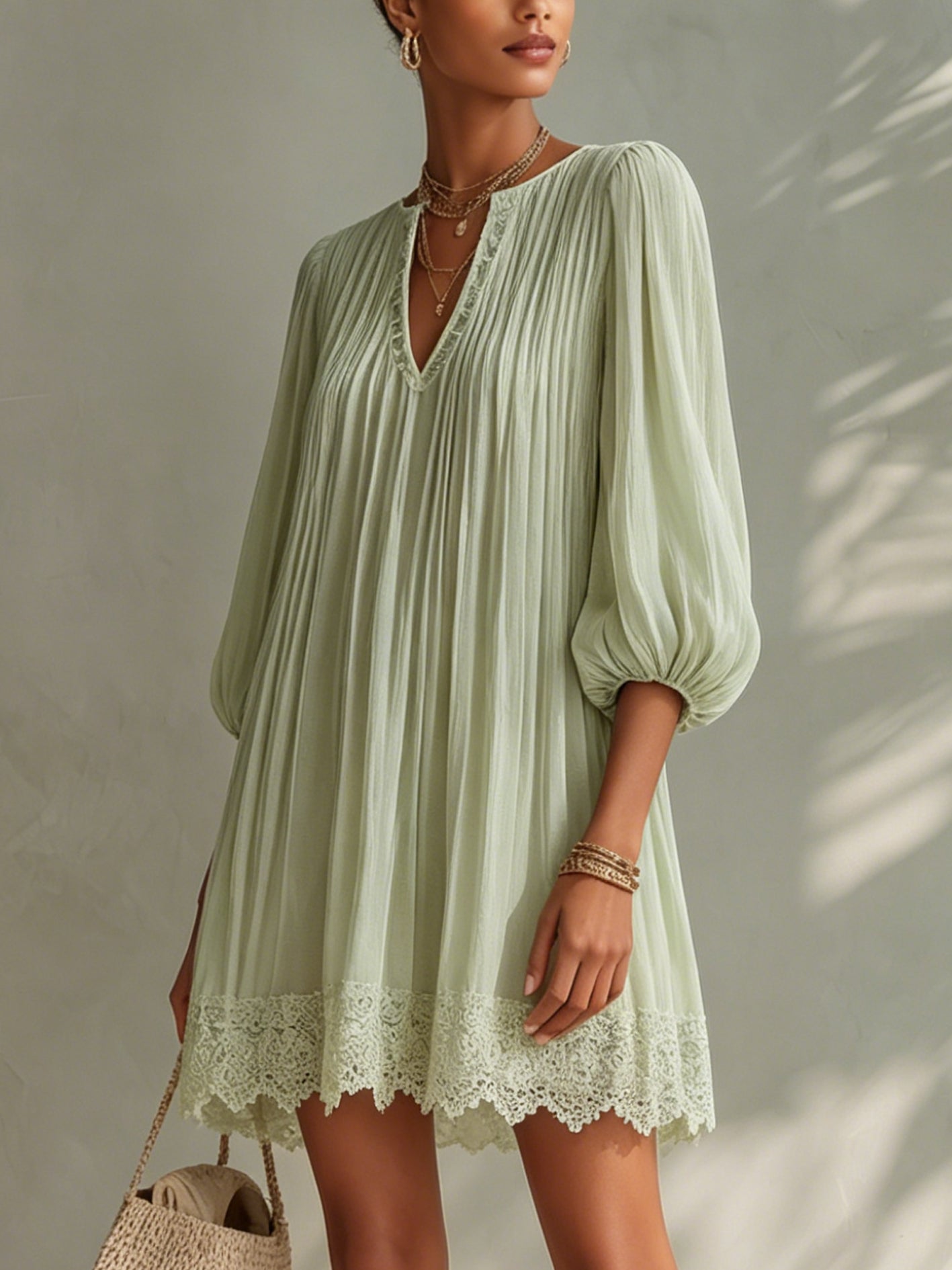 Pleated Chiffon Mini Dress with Lantern Sleeves, Light Green — view 3
