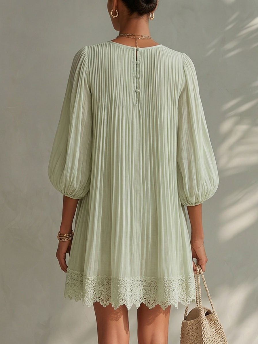Pleated Chiffon Mini Dress with Lantern Sleeves, Light Green — view 2