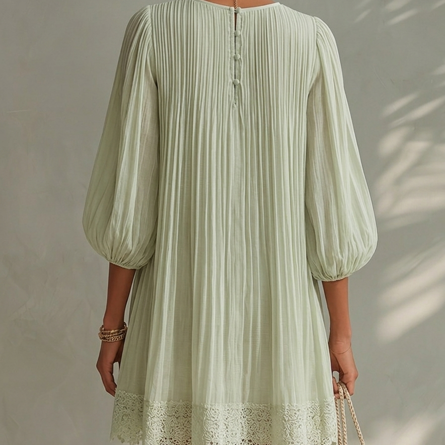 Pleated Chiffon Mini Dress with Lantern Sleeves, Light Green — view 2