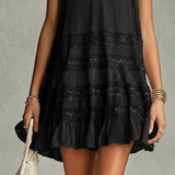 Black Chiffon Mini Dress with Lace and Stripes — view 4