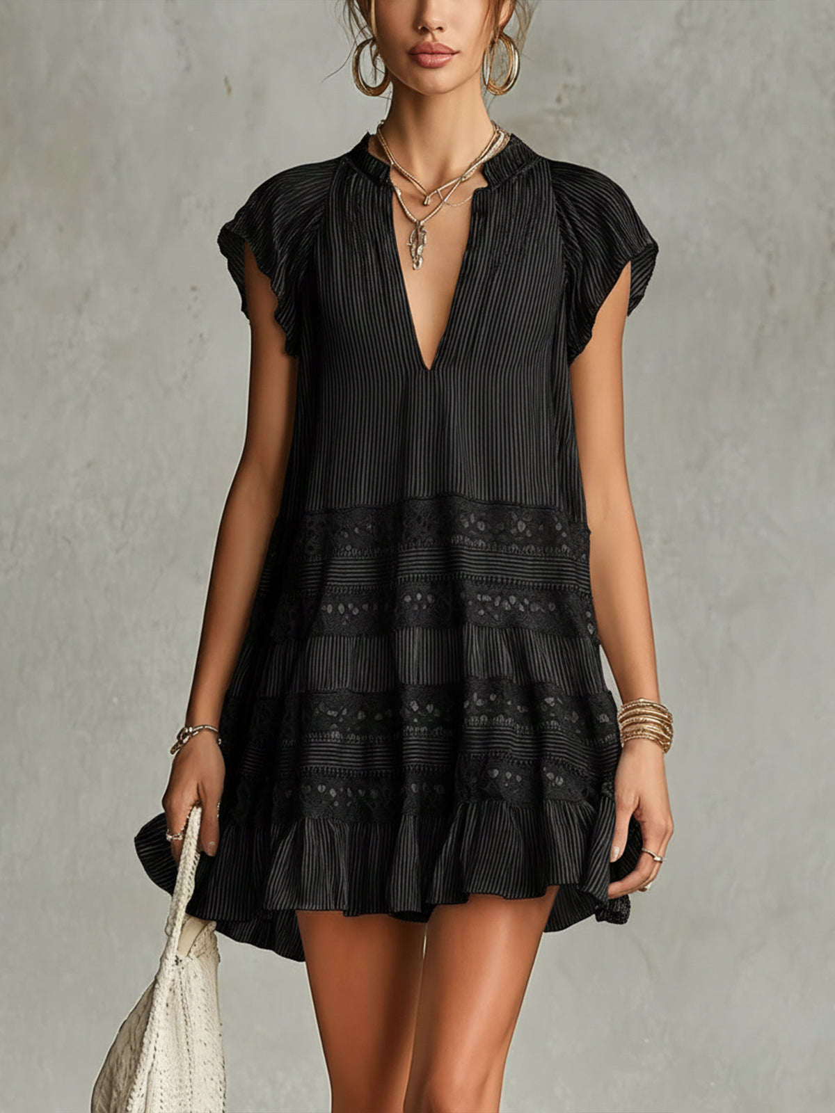 Black Chiffon Mini Dress with Lace and Stripes — view 2