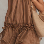 Bettina | Brown Sleeveless Chiffon Mini Dress with Halter Neck and Ruffles