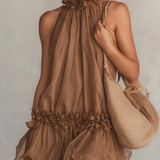 Bettina | Brown Sleeveless Chiffon Mini Dress with Halter Neck and Ruffles — view 2