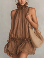 Bettina | Brown Sleeveless Chiffon Mini Dress with Halter Neck and Ruffles — view 2