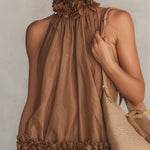 Bettina | Brown Sleeveless Chiffon Mini Dress with Halter Neck and Ruffles — view 4