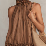 Bettina | Brown Sleeveless Chiffon Mini Dress with Halter Neck and Ruffles — view 4
