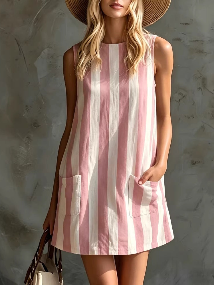 Sleeveless Mini Dress with Retro Stripes — view 2