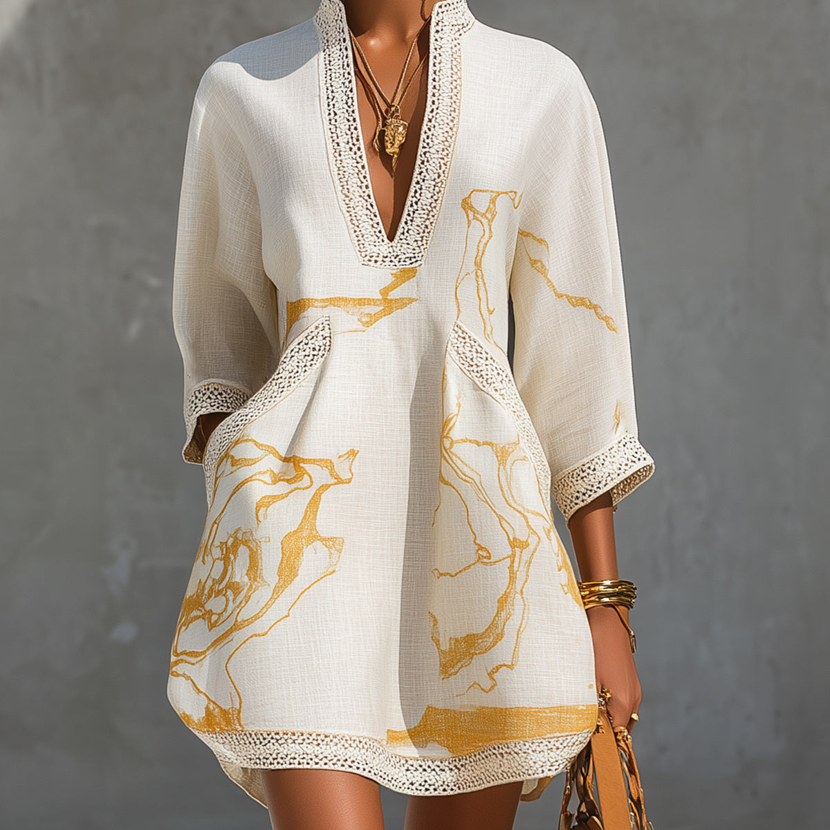 Ivory Mini Dress in Crochet Lace with Golden Pattern