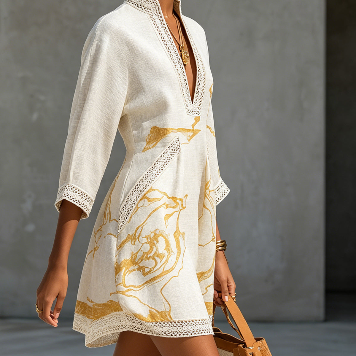 Ivory Mini Dress in Crochet Lace with Golden Pattern — view 2