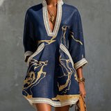 Cosette | Dark Blue Mini Dress in Crochet Lace with Gold Patterns and V-Neck — view 2