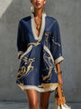 Cosette | Dark Blue Mini Dress in Crochet Lace with Gold Patterns and V-Neck — view 2