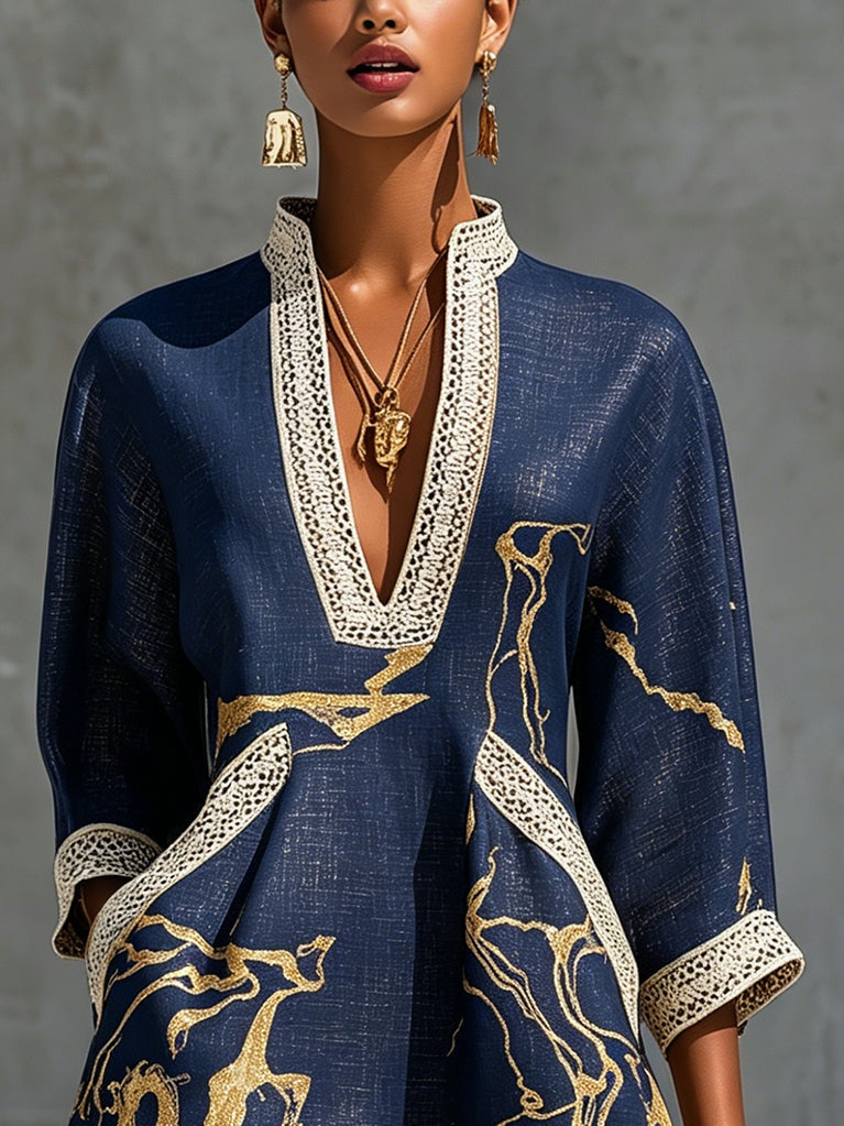 Cosette | Dark Blue Mini Dress in Crochet Lace with Gold Patterns and V-Neck