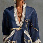 Cosette | Dark Blue Mini Dress in Crochet Lace with Gold Patterns and V-Neck