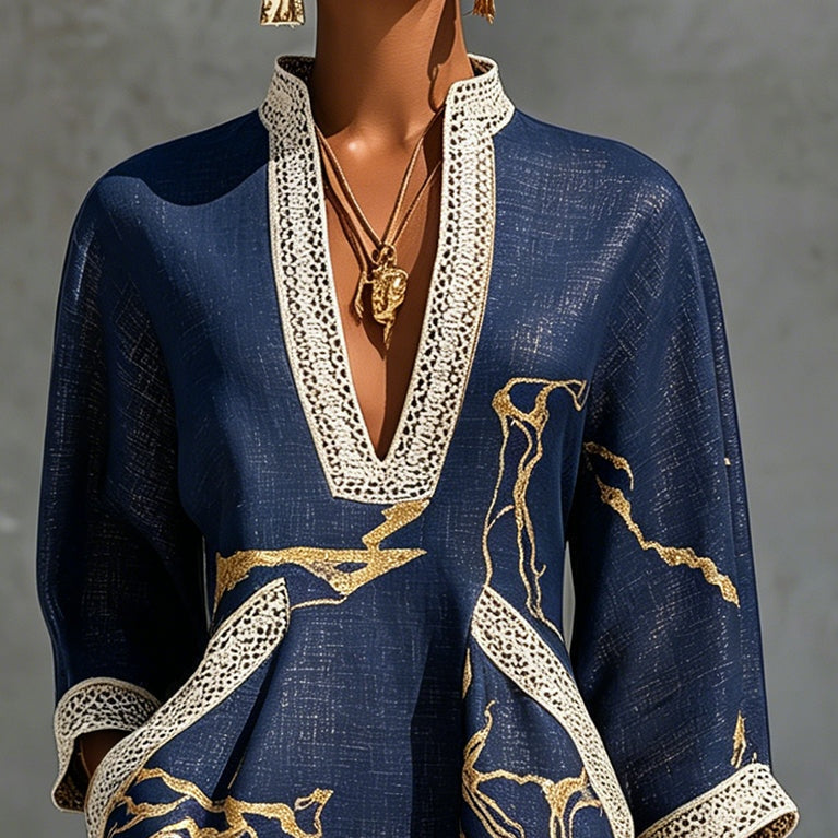 Cosette | Dark Blue Mini Dress in Crochet Lace with Gold Patterns and V-Neck