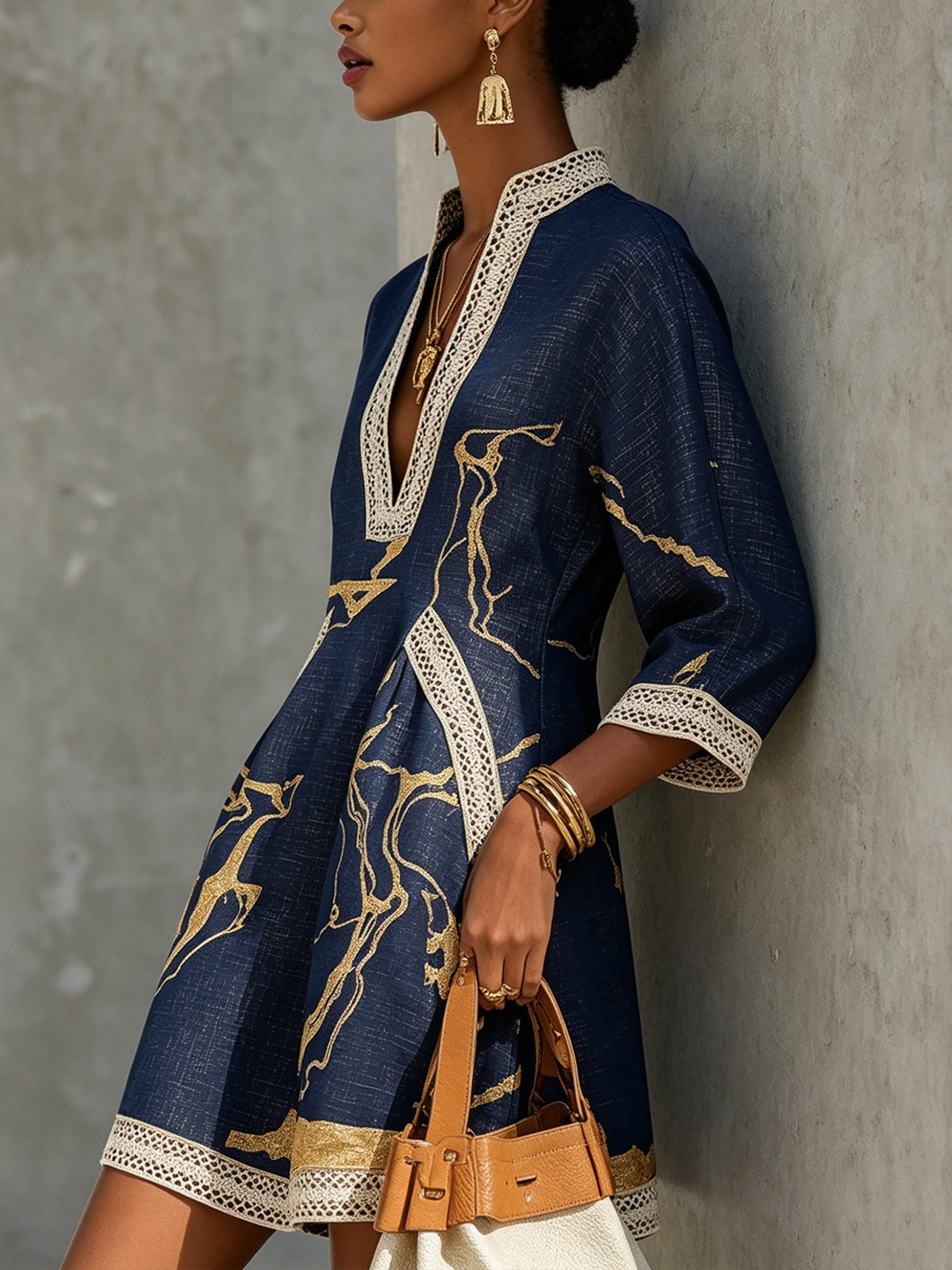 Cosette | Dark Blue Mini Dress in Crochet Lace with Gold Patterns and V-Neck — view 3