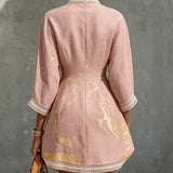 Ninon | Pink Crochet Lace Mini Dress with Gold Patterns and V-Neck — view 3
