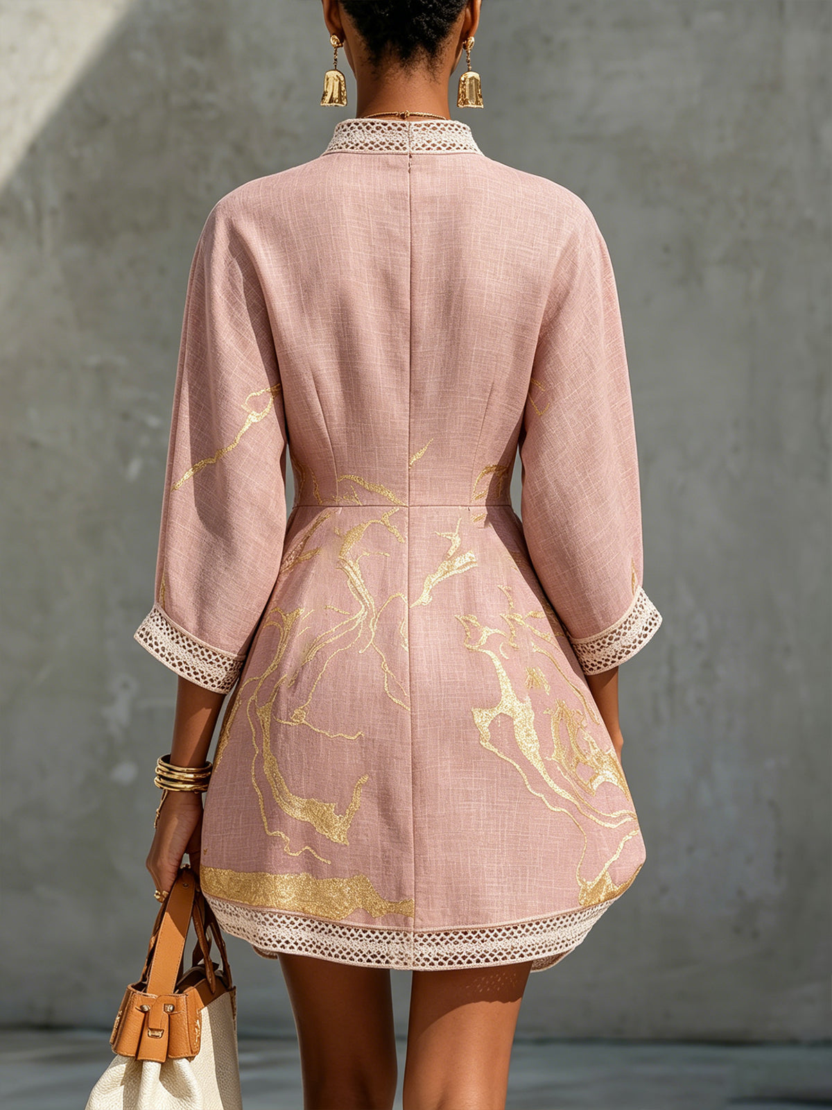 Ninon | Pink Crochet Lace Mini Dress with Gold Patterns and V-Neck — view 3