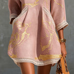 Ninon | Pink Crochet Lace Mini Dress with Gold Patterns and V-Neck — view 4