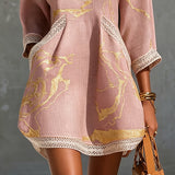 Ninon | Pink Crochet Lace Mini Dress with Gold Patterns and V-Neck — view 4