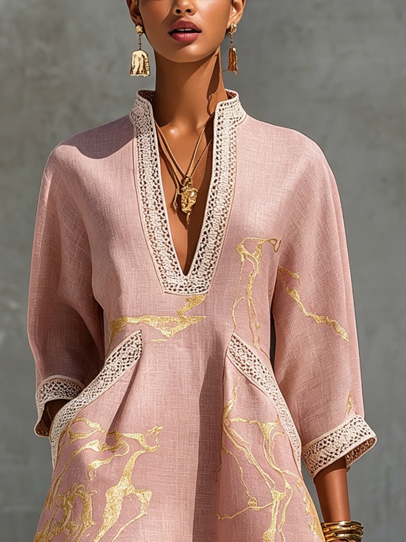 Ninon | Pink Crochet Lace Mini Dress with Gold Patterns and V-Neck
