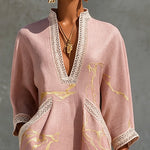 Ninon | Pink Crochet Lace Mini Dress with Gold Patterns and V-Neck