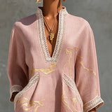 Ninon | Pink Crochet Lace Mini Dress with Gold Patterns and V-Neck