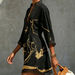 Léonie | Black Mini Dress in Crochet Lace with Gold Patterns and V-Neck — view 3