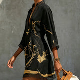 Léonie | Black Mini Dress in Crochet Lace with Gold Patterns and V-Neck — view 3