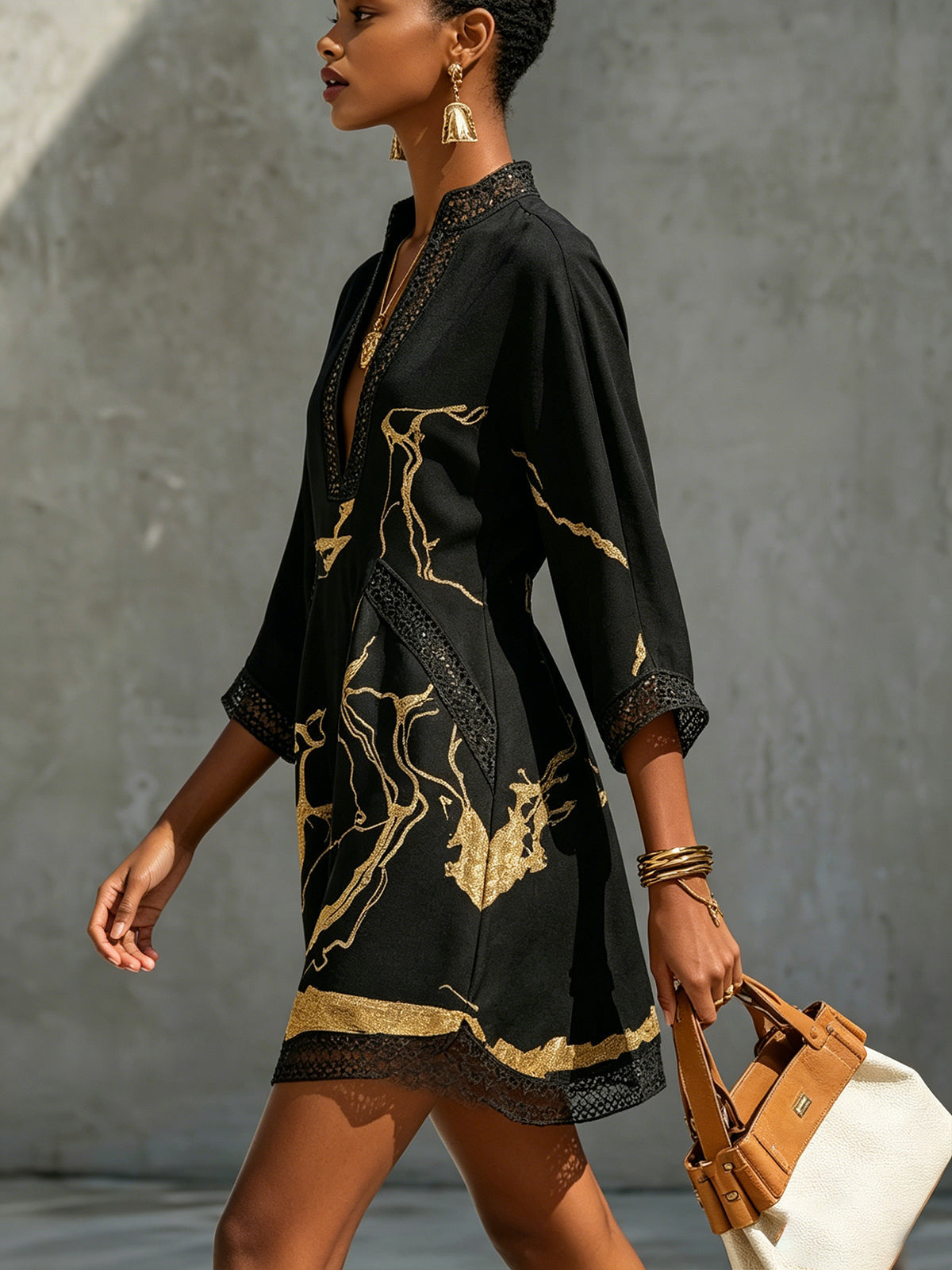 Black Mini Dress in Crochet Lace with Golden Pattern — view 8